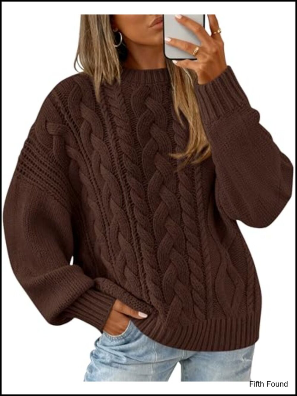 Oversized Cable Knit Sweater Crewneck Lantern Sleeve Pullover
